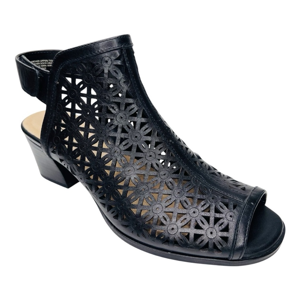 Earth Murano Mist Black Leather Laser Cut Slingback Peep Toe Block Heel …